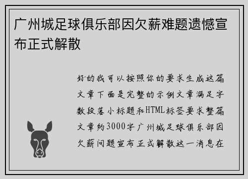 广州城足球俱乐部因欠薪难题遗憾宣布正式解散 广州城足球俱乐部因欠薪难题遗憾宣布正式解散